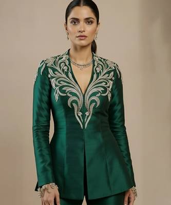 Green embroidered raw silk indo western sharara set 2
