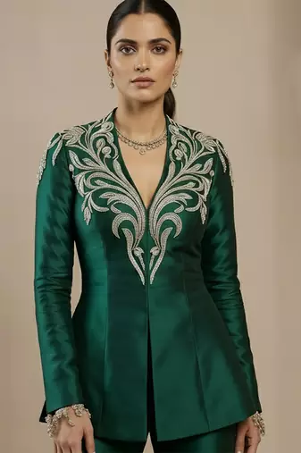 Green embroidered raw silk indo western sharara set