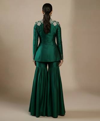 Green embroidered raw silk indo western sharara set 3