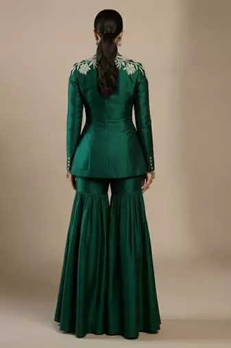 Green embroidered raw silk indo western sharara set