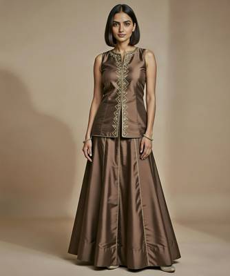 Brown embroidered satin co ord set 1