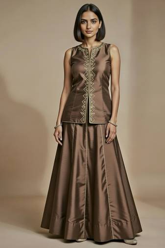 Brown embroidered satin co ord set