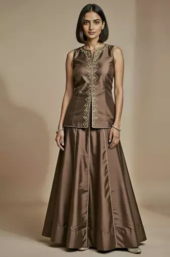 Brown embroidered satin co ord set