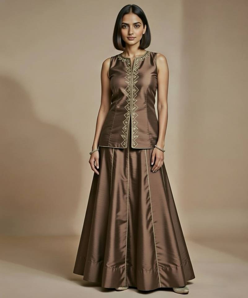 Brown embroidered satin co ord set