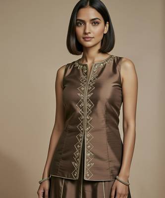 Brown embroidered satin co ord set 2