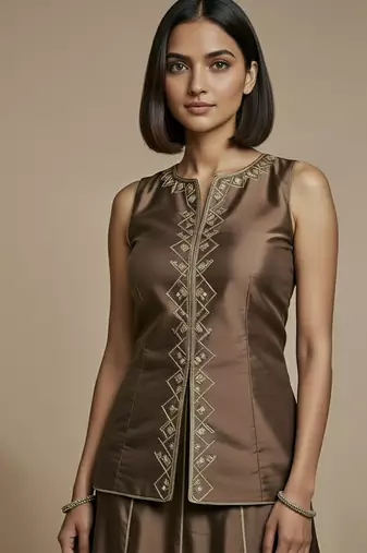 Brown embroidered satin co ord set