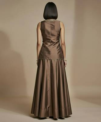 Brown embroidered satin co ord set 3