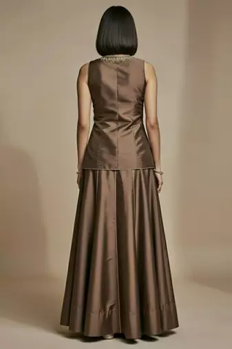 Brown embroidered satin co ord set