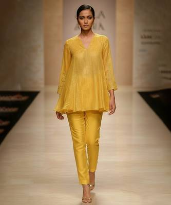 Yellow embroidered organza co ord set 1