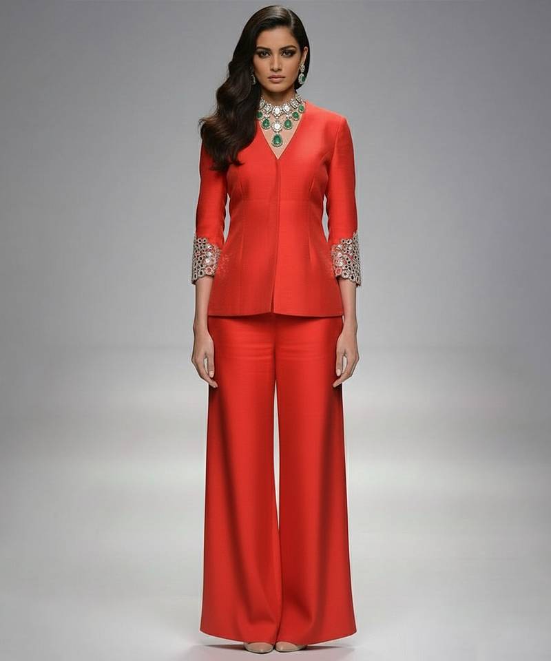 Red embroidered georgette co ord set