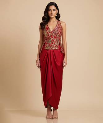 Red embroidered crepe co ord set 1