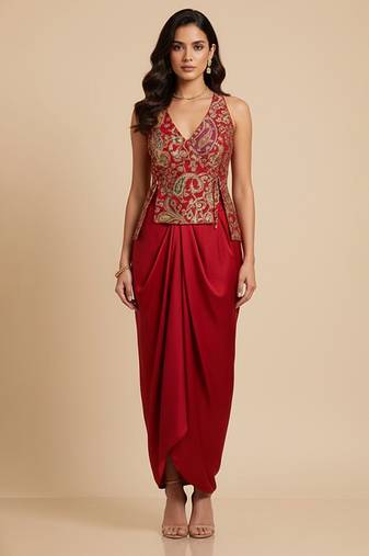 Red embroidered crepe co ord set