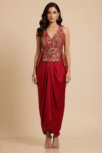 Red embroidered crepe co ord set