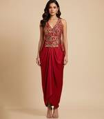 Red embroidered crepe co ord set