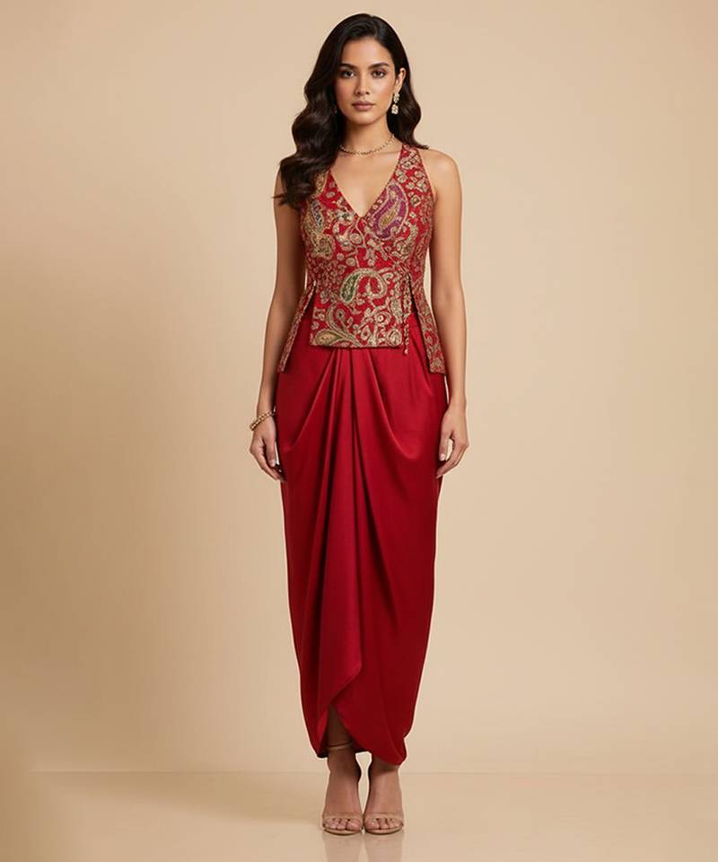 Red embroidered crepe co ord set