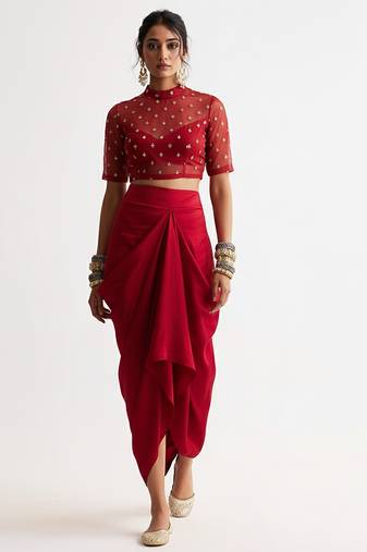 Maroon embroidered silk co ord set