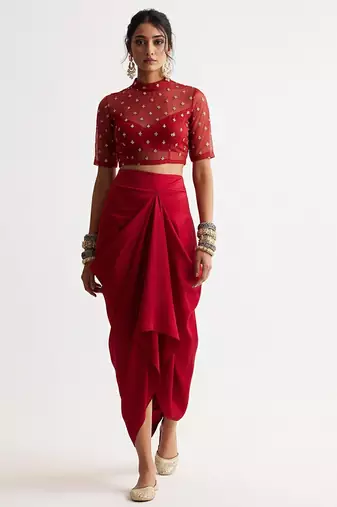 Maroon embroidered silk co ord set