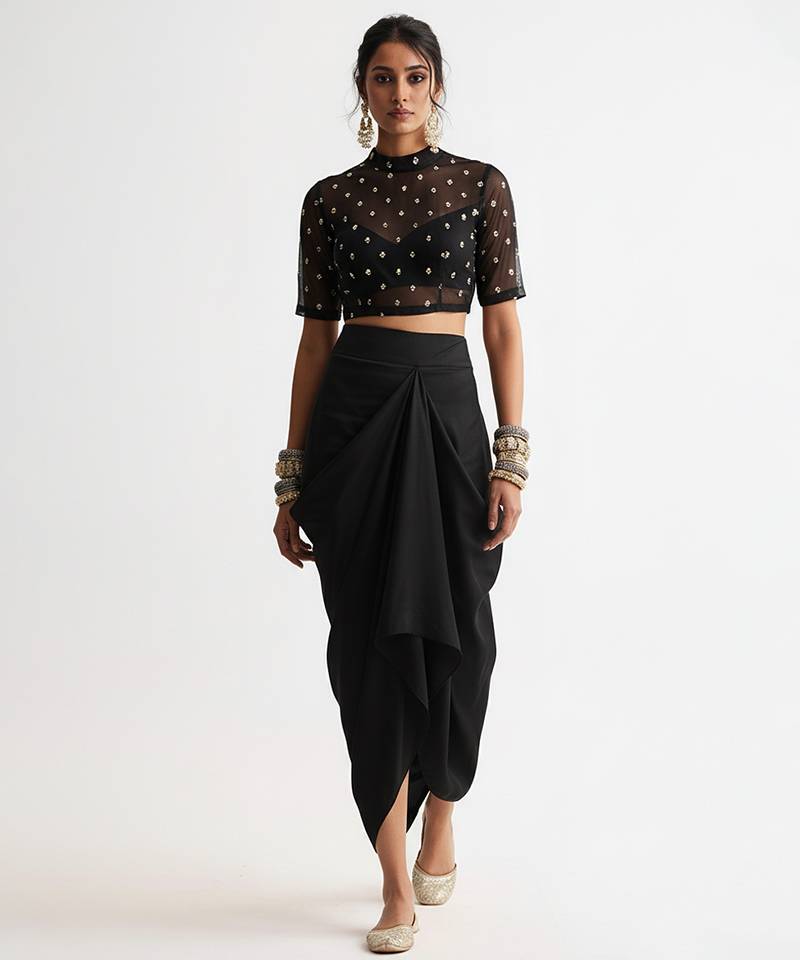 Black embroidered silk co ord set
