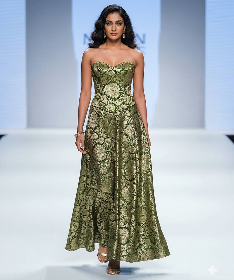 Green embroidered brocade co ord set