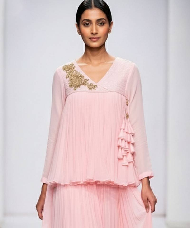 Baby pink embroidered georgette co ord set