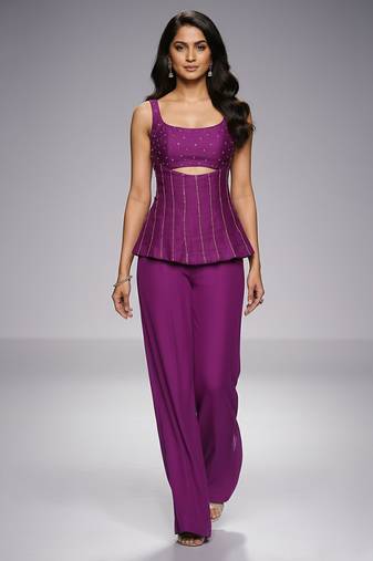 Purple embroidered raw silk co ord set
