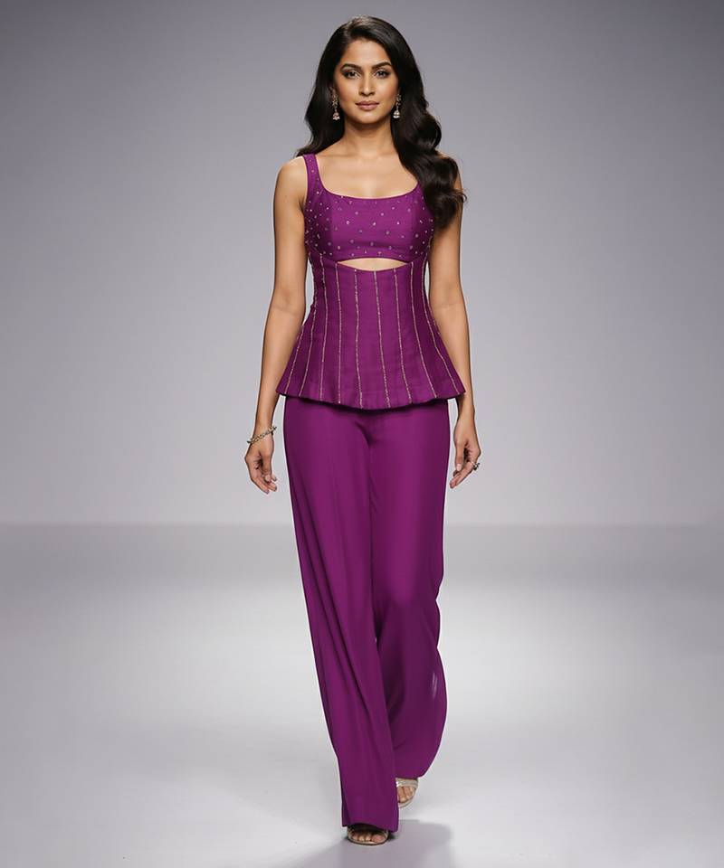 Purple embroidered raw silk co ord set