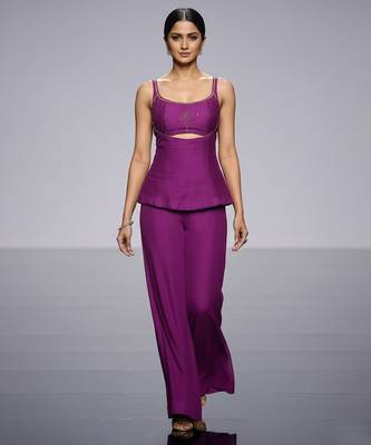 Purple embroidered raw silk co ord set 1