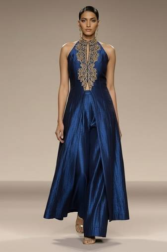 Blue embroidered raw silk co ord set