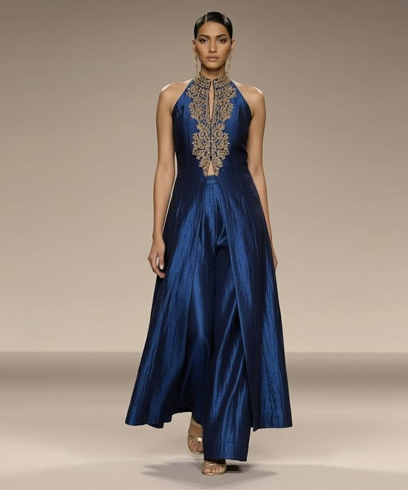 Blue embroidered raw silk co ord set