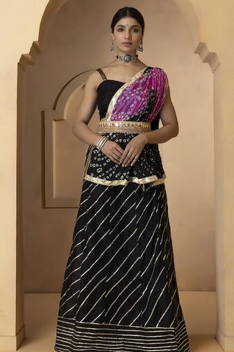 black and purple silk lehenga with blouse and dupatta set