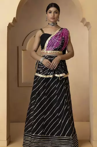 black and purple silk lehenga with blouse and dupatta set