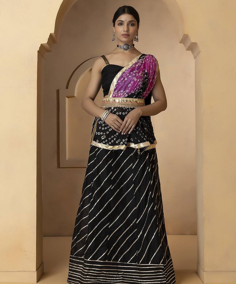 black and purple silk lehenga with blouse and dupatta set
