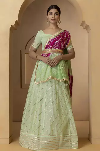 green and fuchsia silk lehenga with blouse and dupatta set