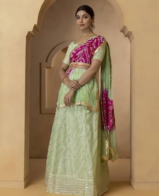 green and fuchsia silk lehenga with blouse and dupatta set 3