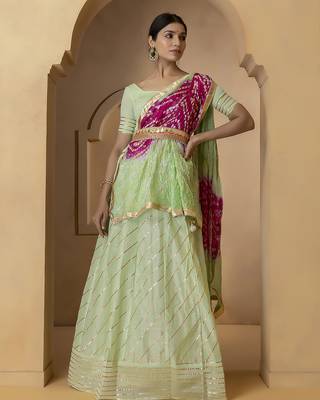 green and fuchsia silk lehenga with blouse and dupatta set 5