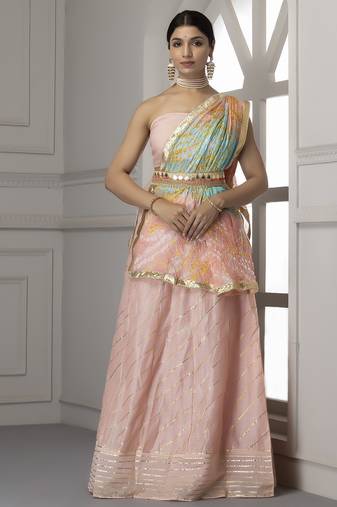 peach and blue silk lehenga with unstitched blouse dupatta