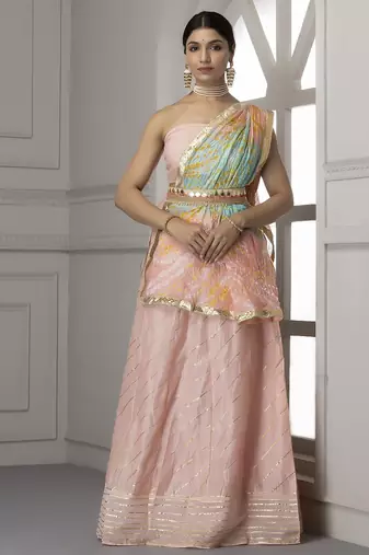 peach and blue silk lehenga with unstitched blouse dupatta