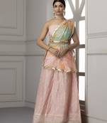 peach and blue silk lehenga with unstitched blouse dupatta