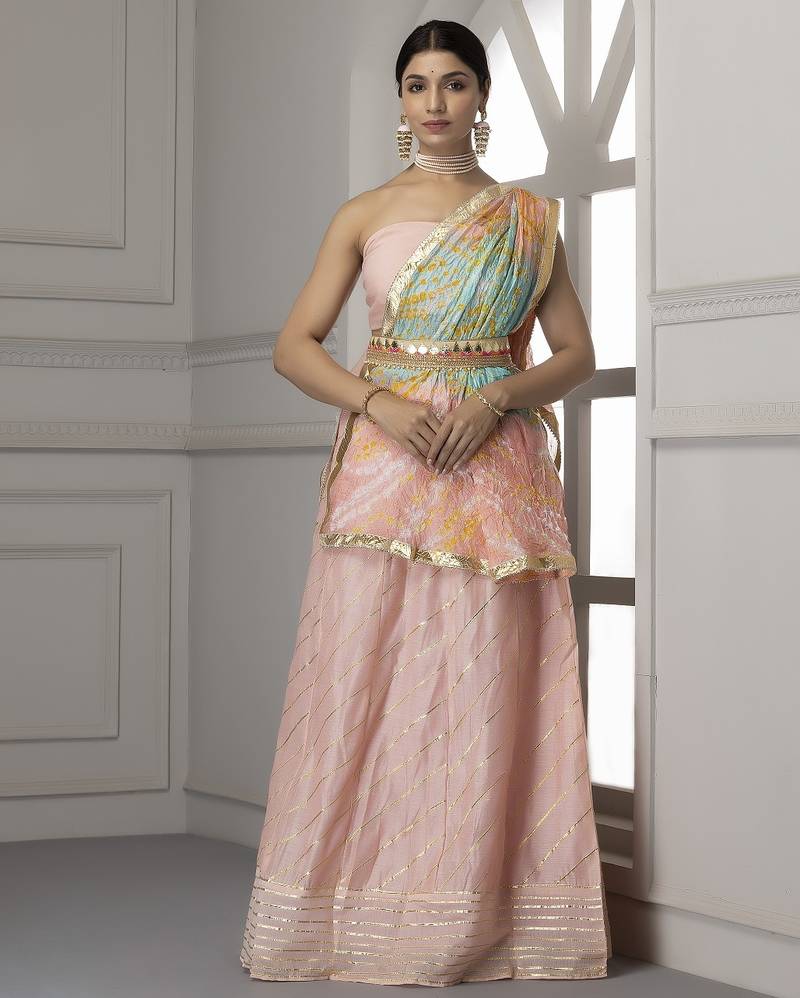 peach and blue silk lehenga with unstitched blouse dupatta