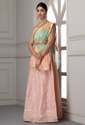 peach and blue silk lehenga with unstitched blouse dupatta 2
