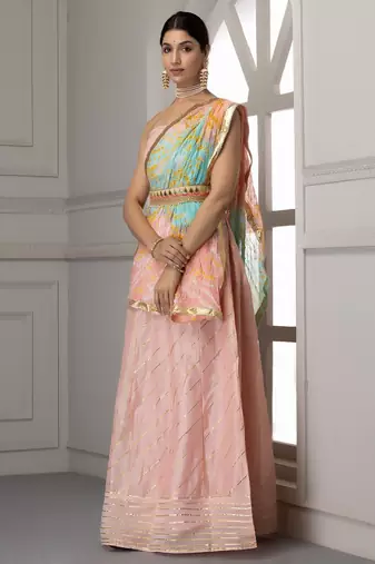 peach and blue silk lehenga with unstitched blouse dupatta