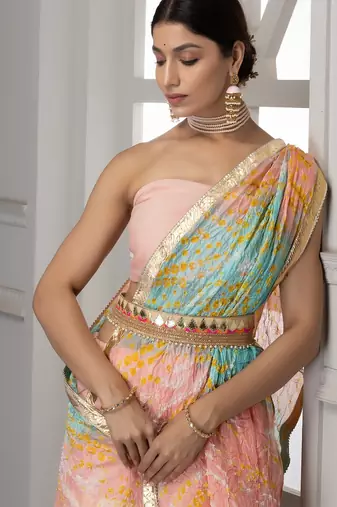 peach and blue silk lehenga with unstitched blouse dupatta