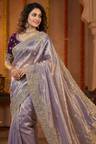 Lavendar Color sartin fabric embroidery sequence work heavy border  Saree