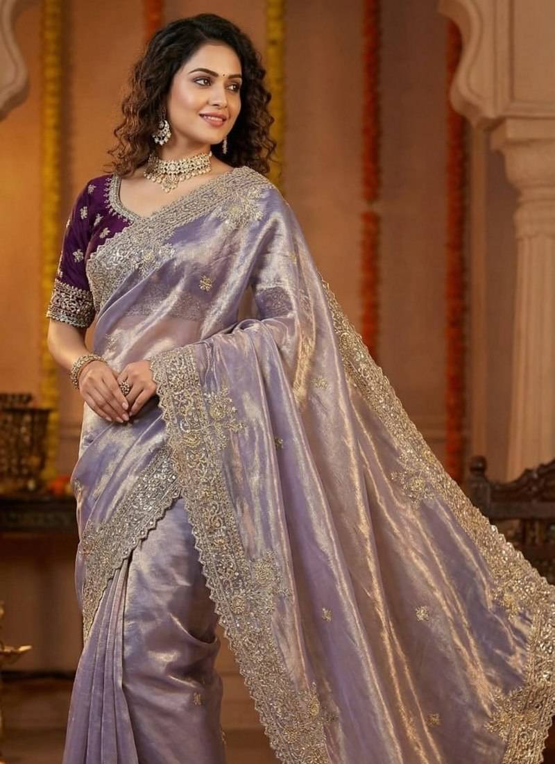 Lavendar Color sartin fabric embroidery sequence work heavy border  Saree