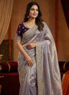 lavender satin embroidered sequin heavy border sarees 2