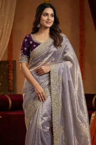 lavender satin embroidered sequin heavy border sarees