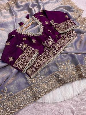 lavender satin embroidered sequin heavy border sarees 3