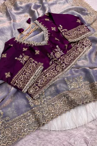 lavender satin embroidered sequin heavy border sarees
