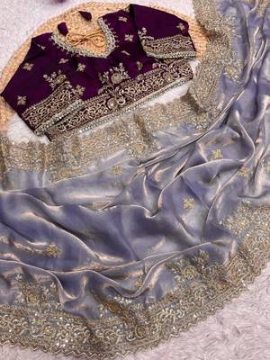lavender satin embroidered sequin heavy border sarees 4