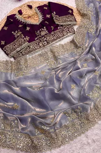 lavender satin embroidered sequin heavy border sarees